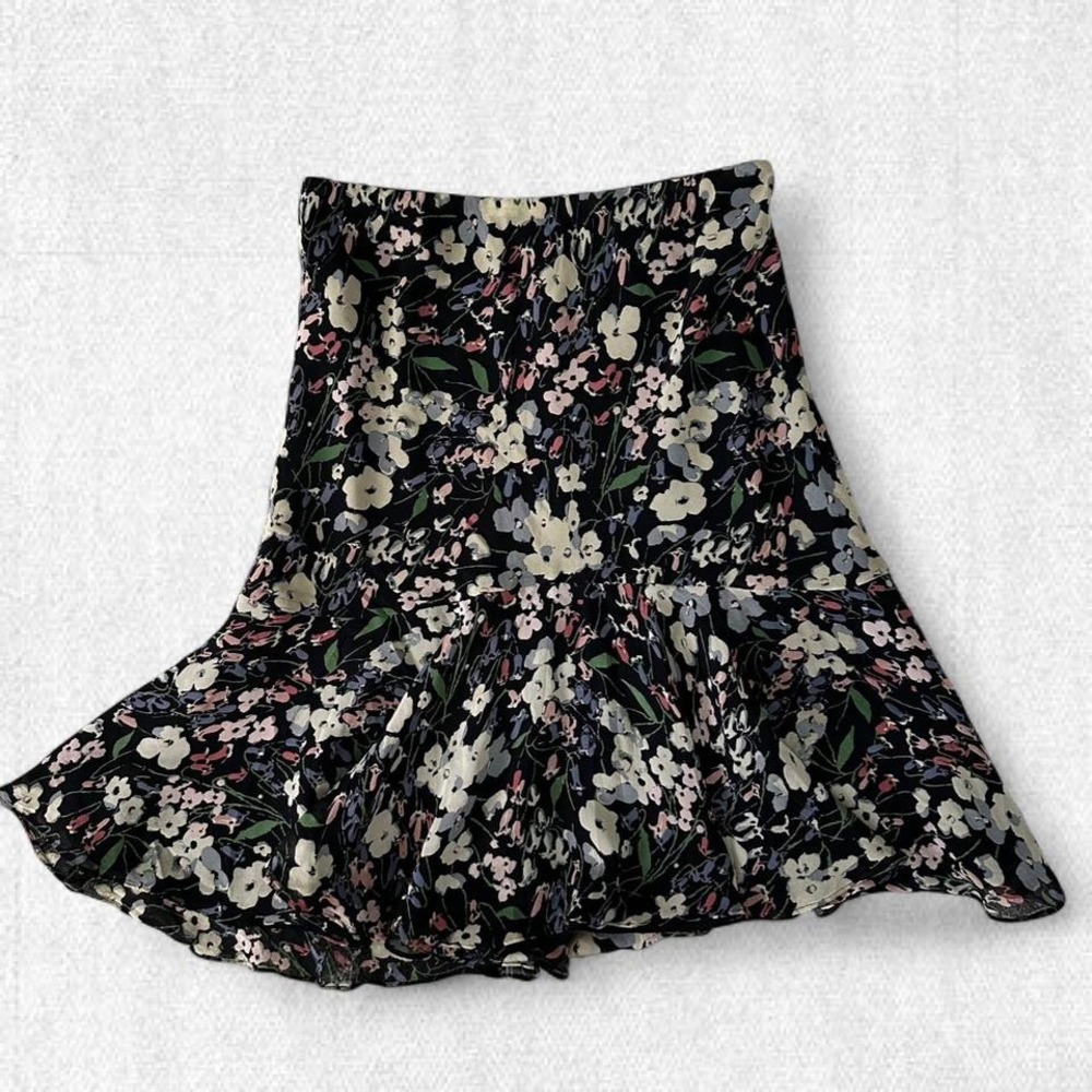 Lauren Ralph Lauren‎ 100% Silk Floral Flounce Hem Skirt Black Size Medium